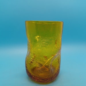ONE Blenko dimple crinkle glass 4.5 tumbler, handblown, mcm glass, vintage, 60s, green, blue, amber, UV glow, cadmium, Manganese