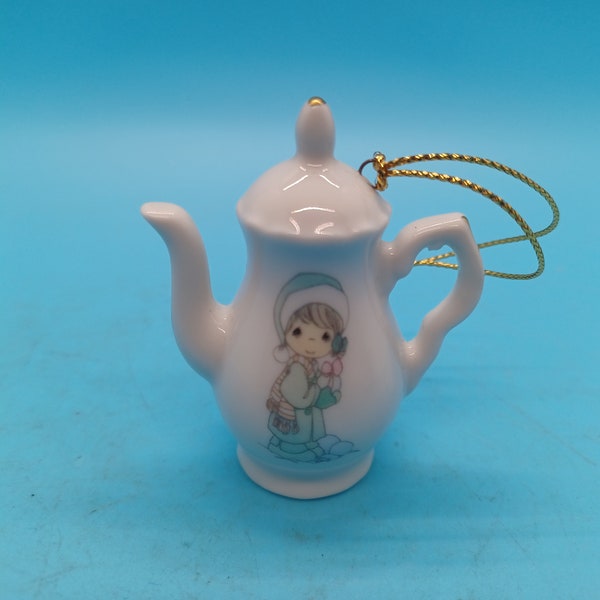 small porcelain precious moments teapot christmas ornament, "i'm sending you a white christmas", retro, 80s