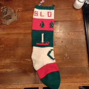 Hand knit stocking, Gloria, candles, wreath, trees, christmas, vintage, retro, holiday