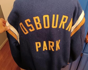Vintage 90s XL Varsity Jacket, Navy Wool, Osbourn Park, Delong
