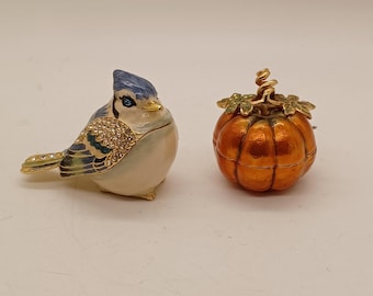 ONE enamel trinket box, jeweled, pumpkin, blue Jay, monet, NO BOX