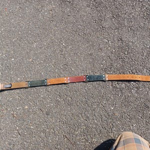 以下が含まれることがあります： 金属製のバックルと5つのカラフルな革のパネルが付いた茶色の革のベルト。パネルは緑、オレンジ、赤、黒です。