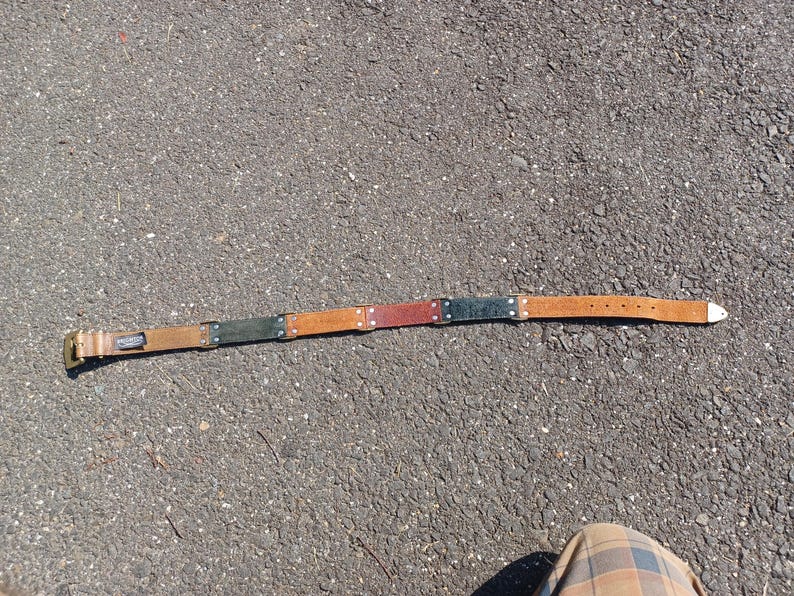 以下が含まれることがあります： 金属製のバックルと5つのカラフルな革のパネルが付いた茶色の革のベルト。パネルは緑、オレンジ、赤、黒です。