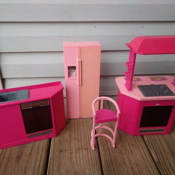 Barbie 80s / 90s, kitchen set, SOME ISSUES (see description), fridge, stove, sink, dishwasher, stool, pink, retro