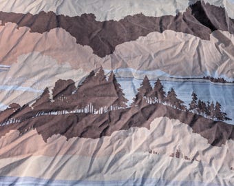 full Marlborough landscape fitted cutter sheet mountains, trees, forest, lake, retro, 70s, 80s, clouds, fabric, LIGHTLY FADED, fabric,