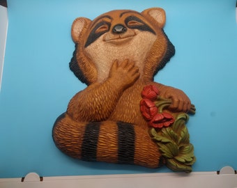 1970s homco happy racoon with flowers wall hanging, cute, kitsch, retro