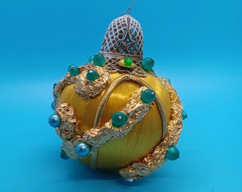 vintage yellow satin ball push pin christmas ornament, green, foil, retro,