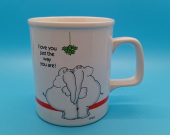 Eli harry gans, ensco coffee cup / mug, 1984, mistle toe, "i love you just the way you are" christmas, couple, gift, 80s