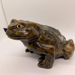 May include: A ceramic frog figurine in shades of brown, green, and gold. The frog has a textured surface and detailed features, including prominent eyes and realistic skin texture. The figurine is a decorative item.