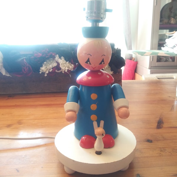 Irmi vintage children's lamp and music box. clown, blue, rabbit, mushroom, baby, peg person, wood 1978