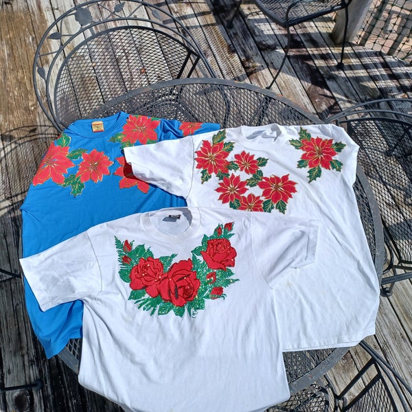 ONE Large 90s STAINED Single Stitch homemade Bedazzled glitter, applique t-shirt, roses, poinsettia, Christmas, holiday, puff paint USA