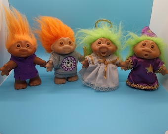 vintage dam trolls, 80s, 1986, soccer fan, wizard, angel, purple felt 5in