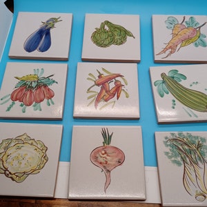 ONE C.L.P. vegetable ceramic tile 4x4, clp, beet, eggplant, onion, cabbage, artichoke, carrot, zucchini, 2001, trivet