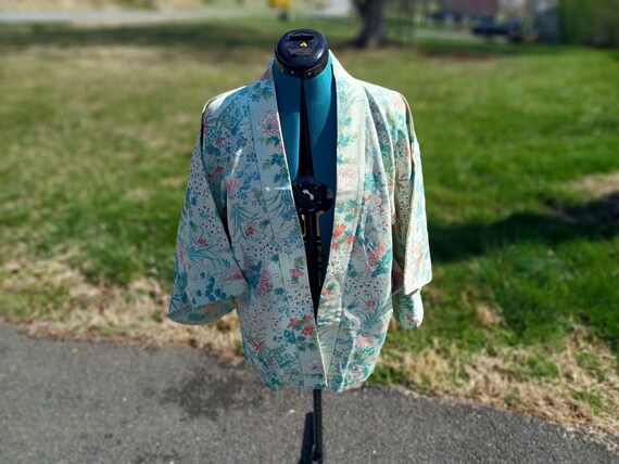 vintage light green floral haori jacket, Kimono, … - image 2