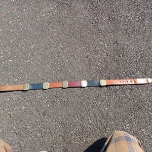 以下が含まれることがあります： 金色の金属製のアクセントと黒、茶色、赤の革のデザインが施された茶色の革のベルト