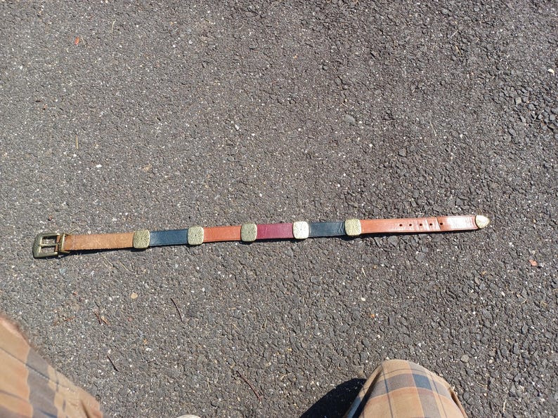 以下が含まれることがあります： 金色の金属製のアクセントと黒、茶色、赤の革のデザインが施された茶色の革のベルト