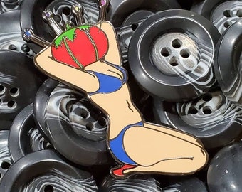 2.5in pincushion pin-up girl hard enamel pin (with chase), weird, sexy, bikini, pinup, pin-up, cute, retro, sew, sewing, craft, crafting