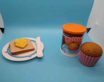 replacement parts, muffin can, toast, plate, knife, butter, blue and white Fisher Price  #2117 golden glow toaster oven, 80s, vintage