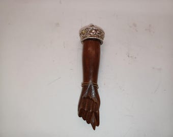 Vintage wood and silver metal large Figa pendant, 4.5in jewelry, good luck, sex, vagina. curiosity, mcm, mid century, charm