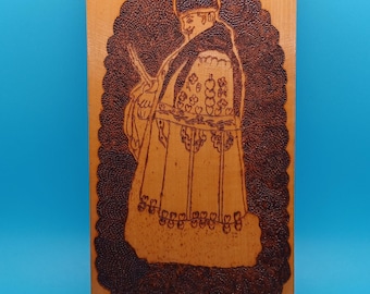 Vintage Pyrography, Russian? wall hanging, plaque, retro, art man in coat