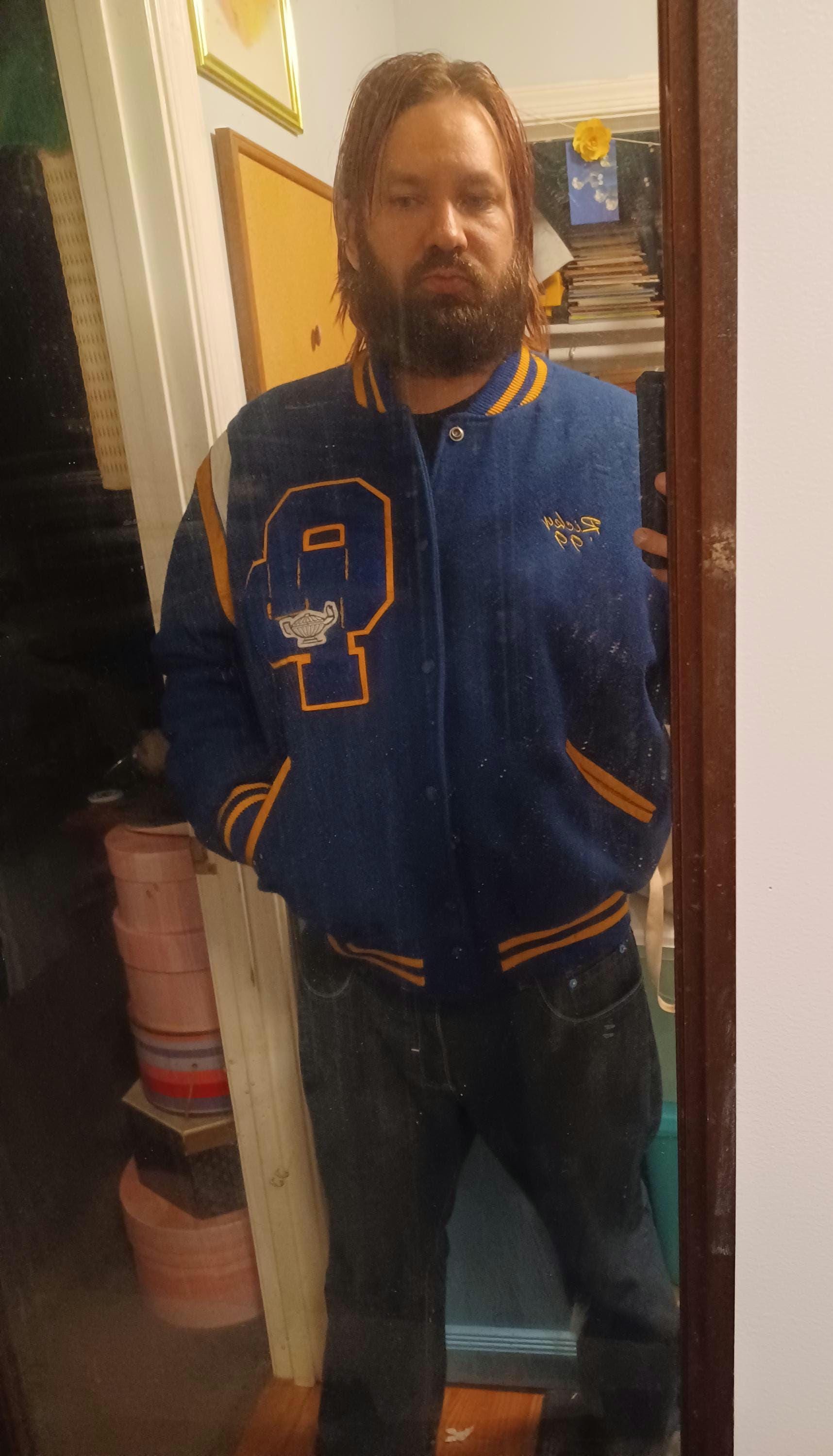 Vintage 90s XL Varsity Jacket, Navy Wool, Osbourn Park, Delong