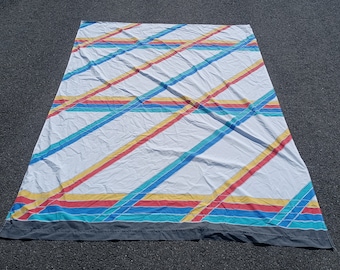 cannon royal family twin flat sheet primary rainbow geometric stripes, SOME STAINS plaid, kid's, 80s, 90s, retro, throwback, fabric, bedding