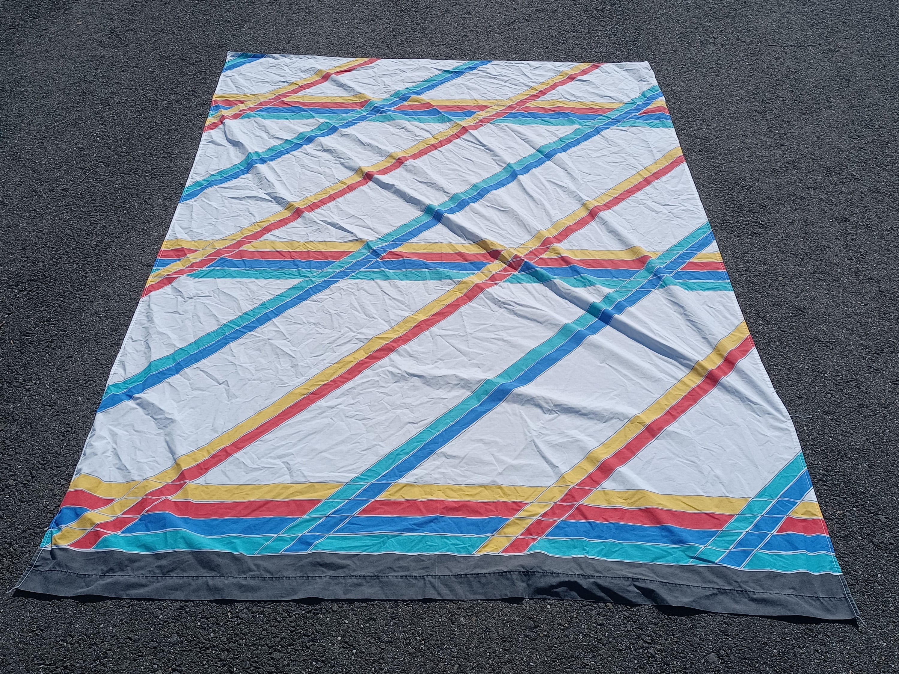 cannon royal family twin flat sheet primary rainbow geometric stripes, SOME STAINS plaid, kid's, 80s, 90s, retro, throwback, fabric, bedding
