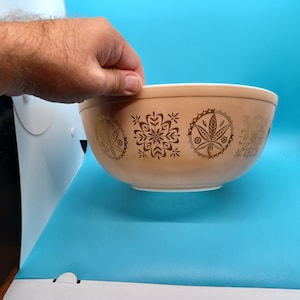 Patrón de letreros hexagonales Pyrex, 404, 4 cuartos, tazón para mezclar, promocional, bronceado y dorado, años 60, cocina, vintage, retro