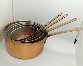 vintage portugul metalutil copper and brass pot set, 5 cookware, pot, saucepan, 70s, 80s, kitchen, pan