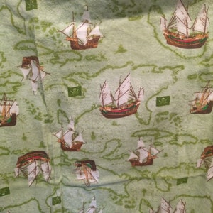 green pirate flannel BTY, by the yard, ship, map, jolly roger