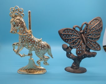 vintage earing stand, holder, butterfly, carousel horse, silver plate, display, jewelry