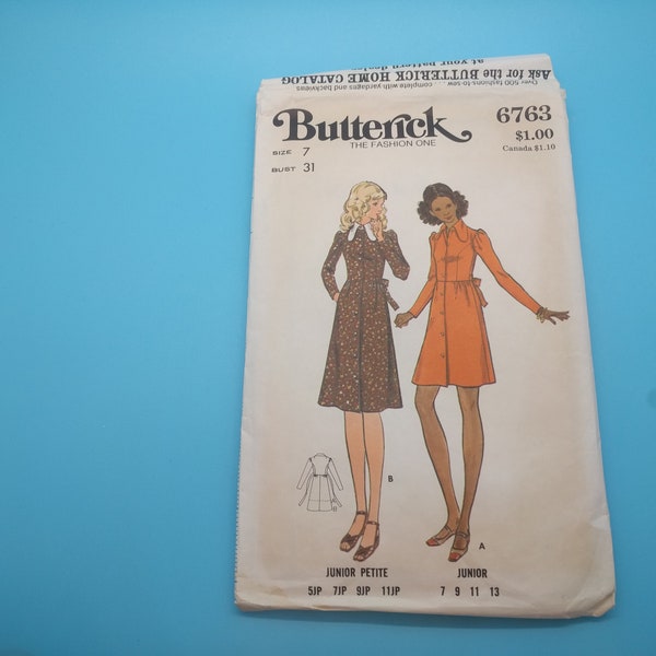 butterick sewing pattern 6763, junior, size 7, bust 31, 70s, cut and counted, mini, large collar