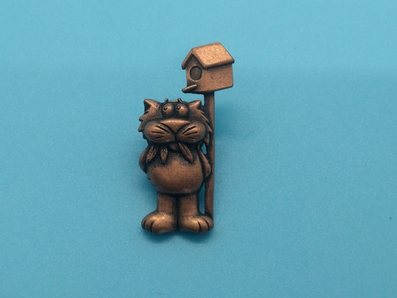 JJ brooch pin, cat eating a bird, birdhouse, funn… - image 1