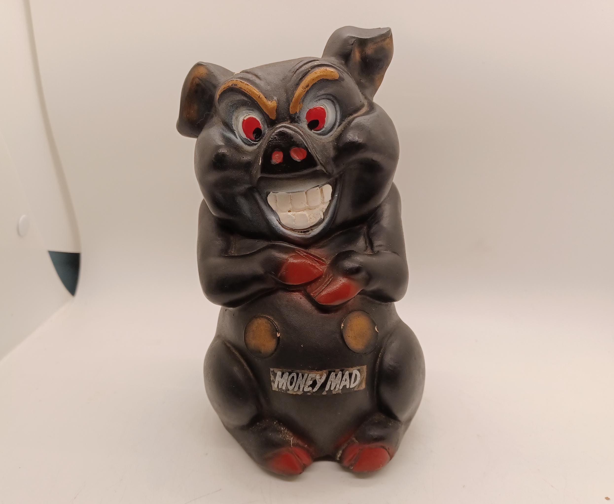 40s / 50s A.N. Brooks Bank Black Chalkware Pig Mad Money Piggy