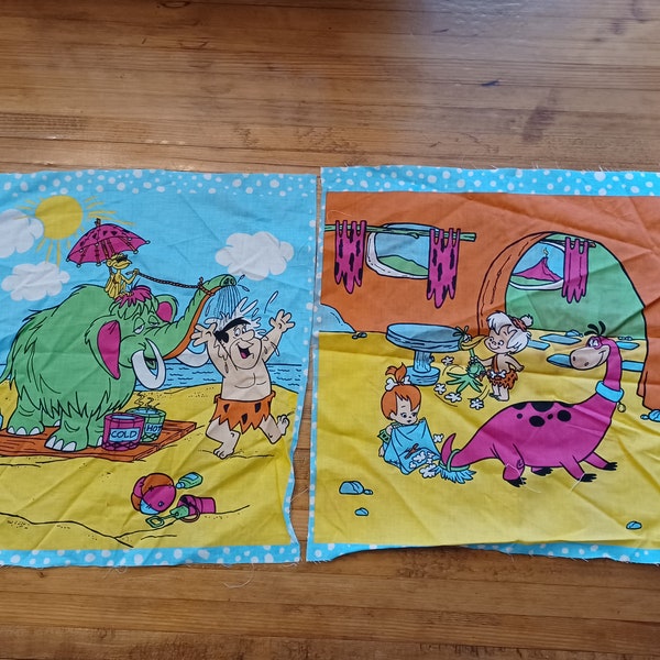 2 vintage Flintstones quilt panels, (one stained) 90s, fred, pebbles, bam bam, beach, shower, fabric, square, retro, cartoon, quilting, 80s