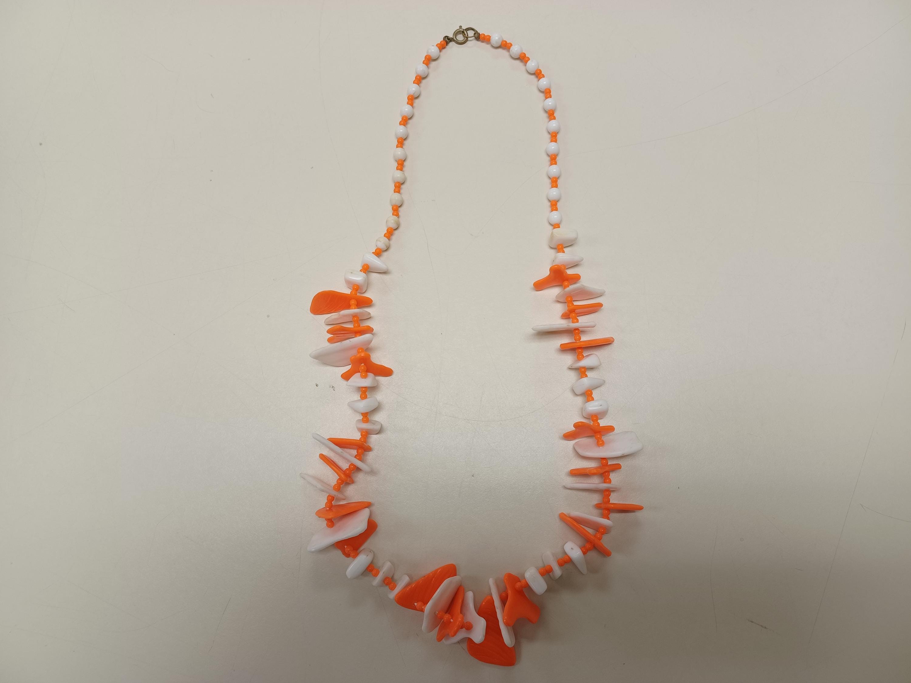 Vintage Plastic Faux Puka Shell Shard Necklace, Orange and White