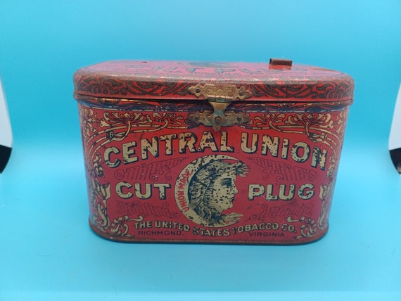 1890～1910 vintage central union タバコ缶 ティン Central Union Tobacco Luchbox Style Tin NO HANDLE, 1900s, Antique
