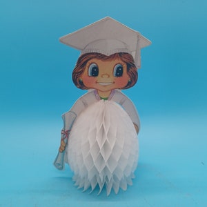 1987 vintage Honeycomb graduation girl table / cake topper. 5in, retro, 80s, graduate. the beistle co