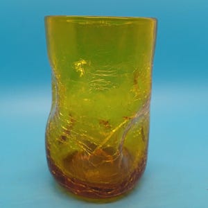 ONE Blenko dimple crinkle glass 4.5 tumbler, handblown, mcm glass, vintage, 60s, green, blue, amber, UV glow, cadmium, Manganese