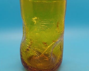 ONE Blenko dimple crinkle glass 4.5 tumbler, handblown, mcm glass, vintage, 60s, green, blue, amber, UV glow, cadmium, Manganese