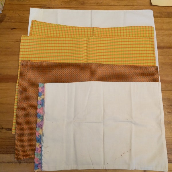 5 smaller vintage pillow cases, staining, 70s, plaid, crochet border