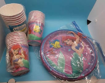 One vintage disney little mermaid paper party plates, cups, 8 count, retro, princess, birthday