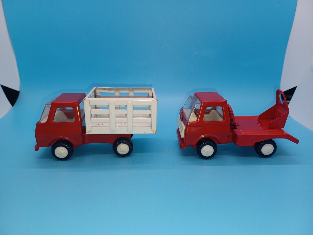 2 Vintage Pressed Red Metal Work Truck Toys, Buddy L? Retro, Farm