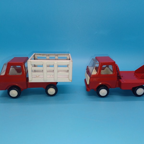 2 vintage pressed red metal work truck toys, Buddy L? retro, farm, dump, cement mixer, tonka, Japan