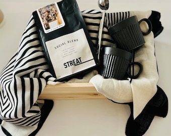 STREAT Coffee Gift Box, Scarf, Mugs, Spoon, Wooden Keepsake Hamper