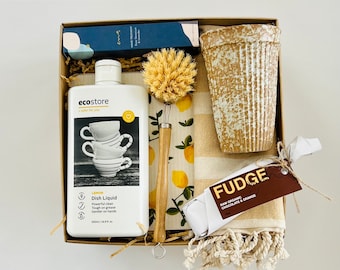 Mother's Day Hamper , Eco-Friendly Kitchen Gift Box: Organic Cotton Towel, Bamboo Brush & Handmade Fudge