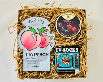 Self Care Gift Hamper: Tony Moly Mask, Berry Drops, Funky Socks