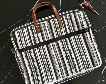 Handmade Laptop Bag: Striped Threadwork Design with Leather Handles