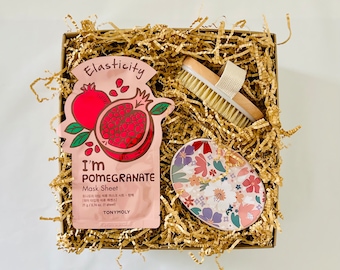 Self Care Gift Box: Korean Sheet Mask, Floral Dish & Body Brush