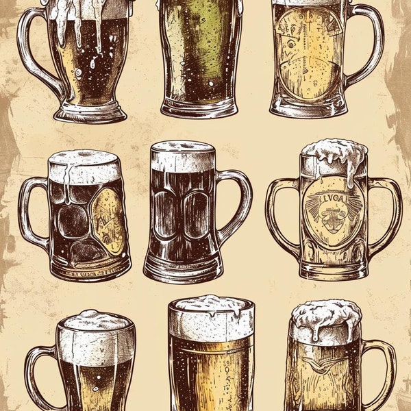 Vintage Beer Mug Illustration Set, Printable Pub Wall Art, Digital Download Beer Collection, Home Bar Decor, Craft Beer Lover Gift Idea